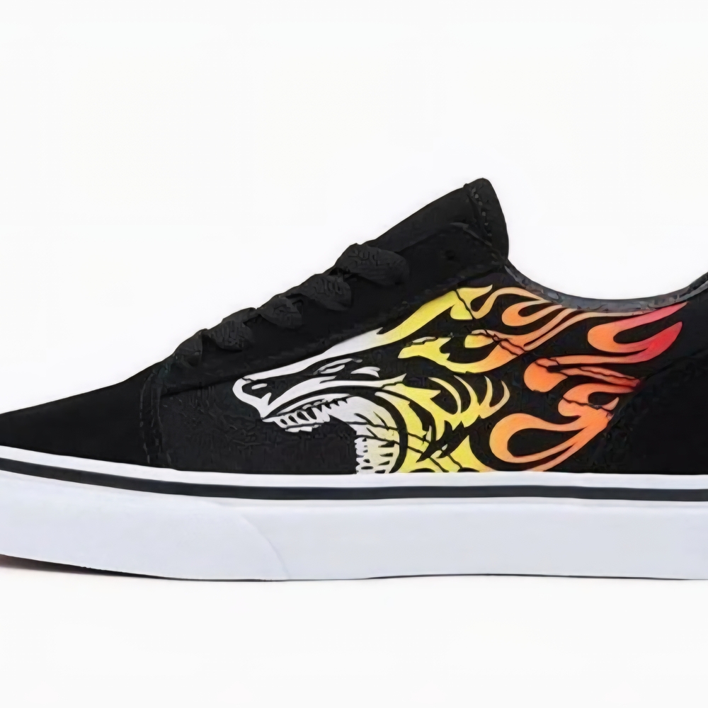 Black Sneakers with Dragon Flame Design